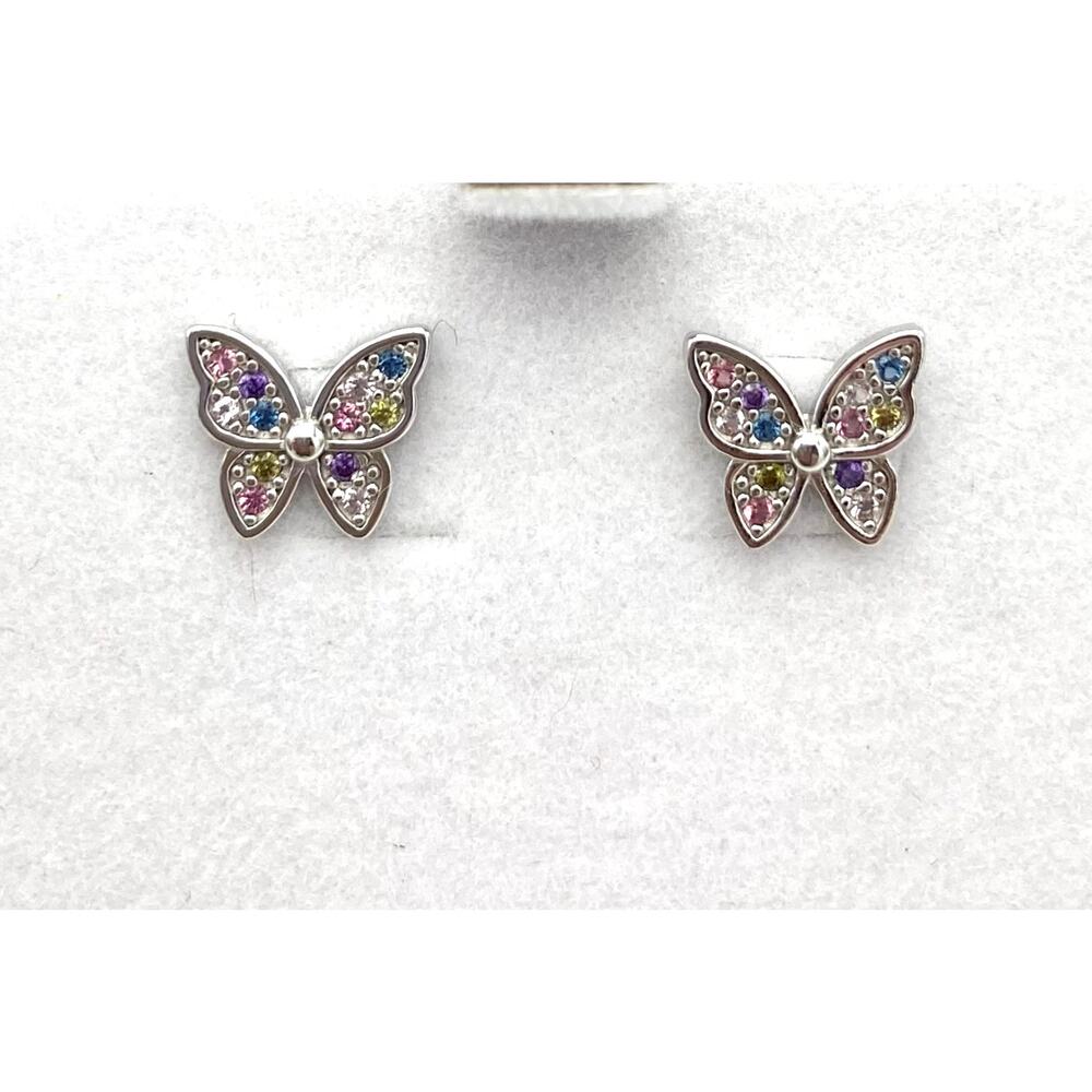 Sterling Silver Butterfly Multi Color CZ Post Earrings